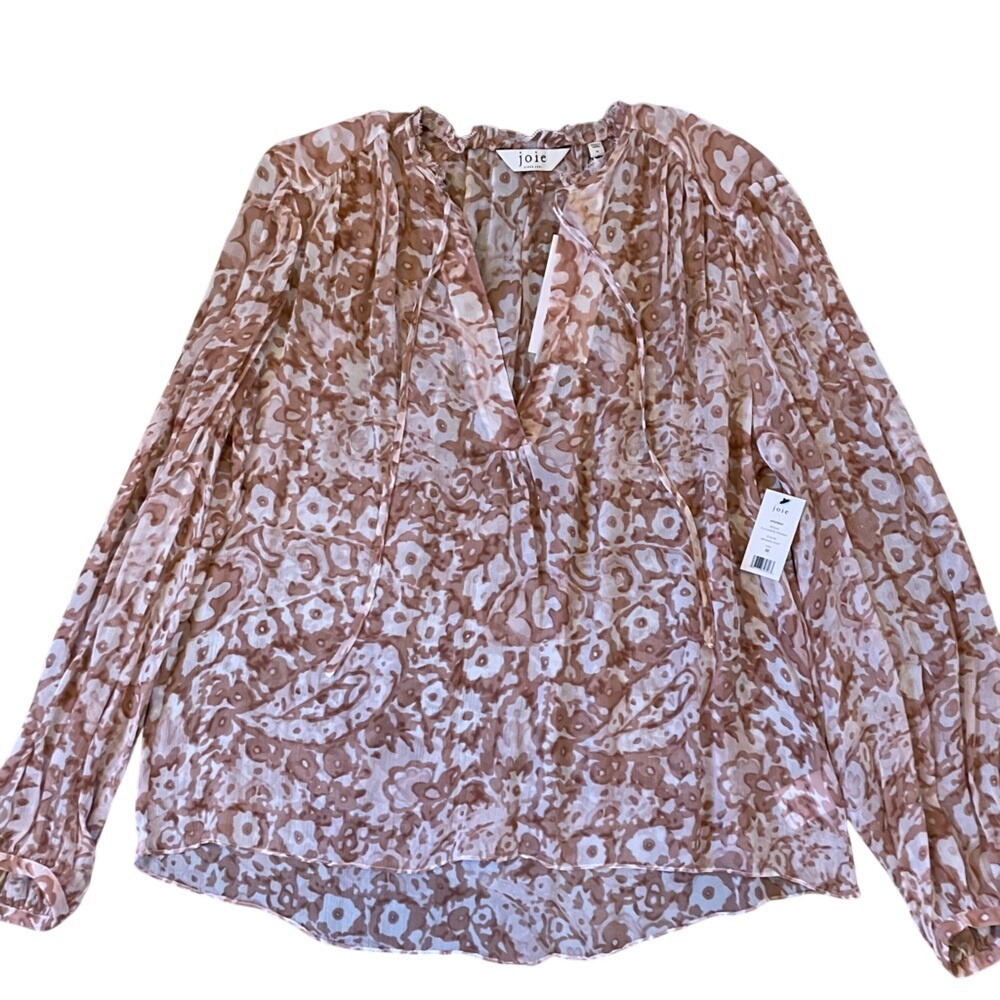 Joie Jindra Silk Blouse Brushed Clay Floral Paisley V-Neck Tie Top 21-2-008578 M